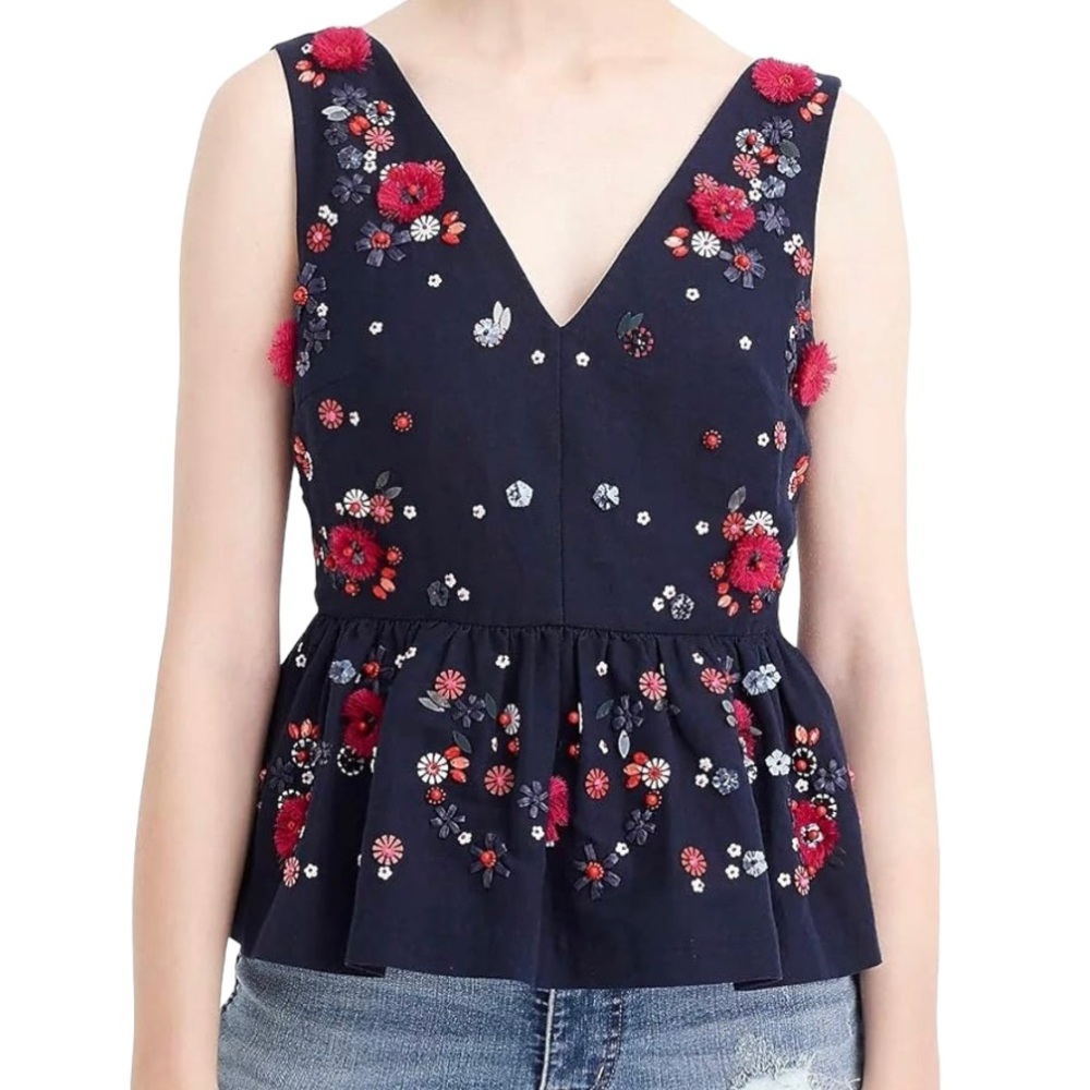 J. Crew hand embellished sleeveless navy peplum top